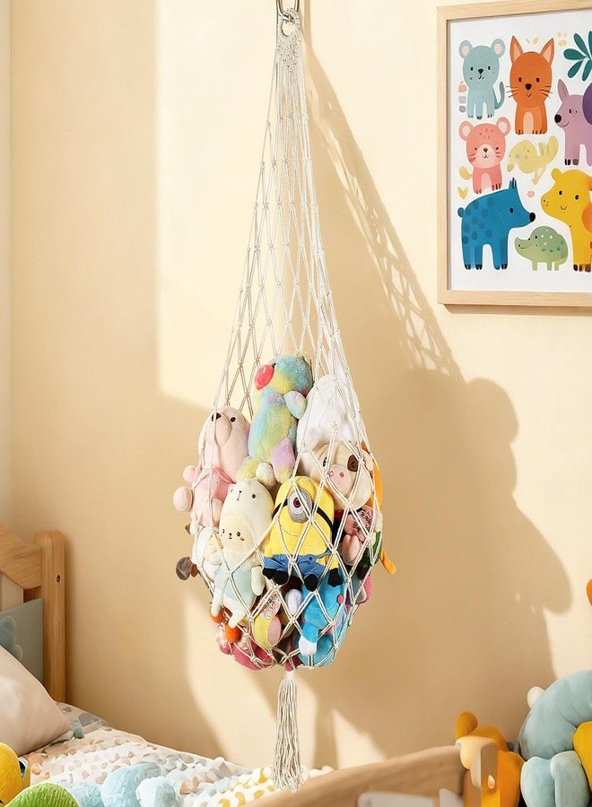 Aufee Stuffed Animal Storage, 5Ft Corner Hanging Stuffy Toy Hammock, Large Stuffed Animal Holder Organizer with Hooks, Macrame Plushie Net for Nursery Kids Playroom Bedroom Decoration (Cream) - Image 1